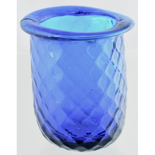 599 - PONTILLED NIGHT LIGHT. 3.25ins tall. Bright blue glass, diamond quilted pattern, unusual flared roll... 