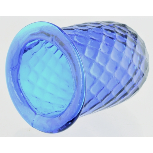 599 - PONTILLED NIGHT LIGHT. 3.25ins tall. Bright blue glass, diamond quilted pattern, unusual flared roll... 