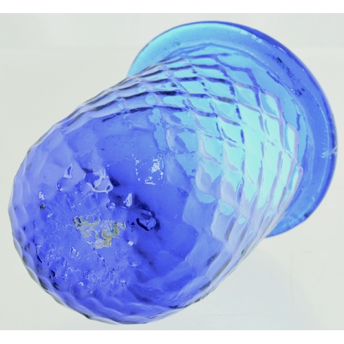 599 - PONTILLED NIGHT LIGHT. 3.25ins tall. Bright blue glass, diamond quilted pattern, unusual flared roll... 