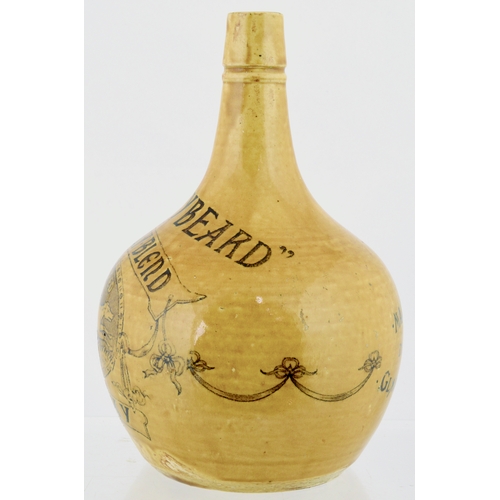 616 - THE GREYBEARD WHISKY JUG. (WG p 117) 8.5ins tall. All tan body glaze, elegant cone shape. Black tran... 