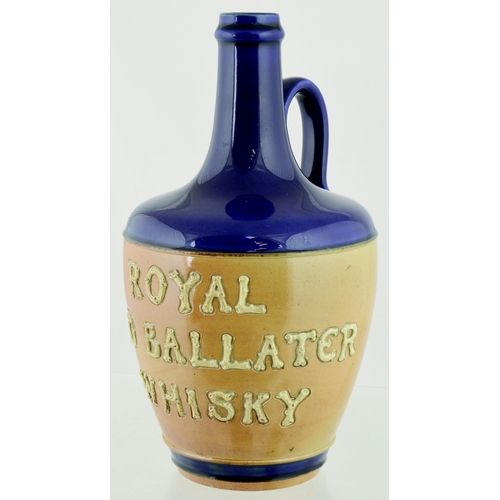 618 - ROYAL OLD BALLATER WHISKY JUG. (WG p 164) 9.25ins tall. Strong dark blue top, lower tan glaze with r... 