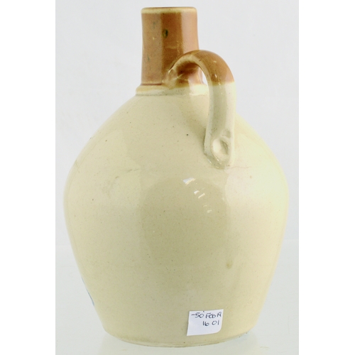 622 - BERTHOLD REBENHORST WHISKY JUG. (WG p 23) 7.25ins tall. Off white glaze, tan neck & rear handle. Blu... 