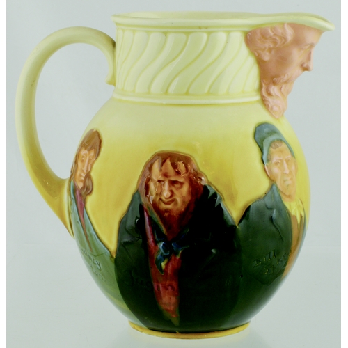 623 - DICKENS QUEENSWARE JUG. (JL p 43) 7.25ins tall. Handled Queensware jug showing the faces of Dickens ... 