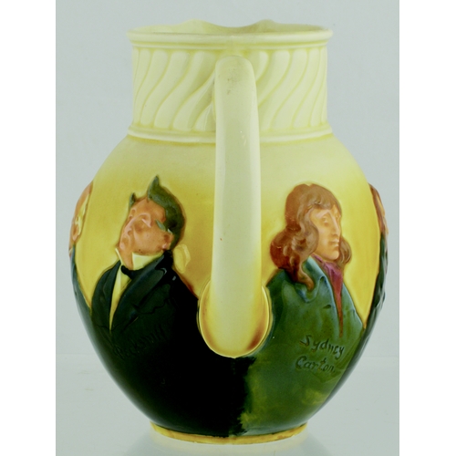 623 - DICKENS QUEENSWARE JUG. (JL p 43) 7.25ins tall. Handled Queensware jug showing the faces of Dickens ... 