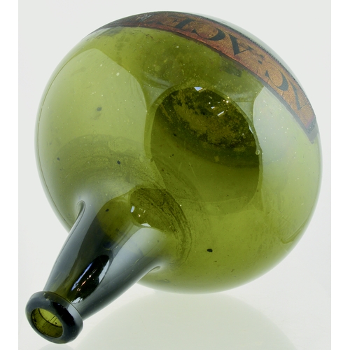 664 - PHARMACY BOTTLE. 11ins tall. Green glass, of shaft and globe form, pharmacy bottle, tapered neck, to... 