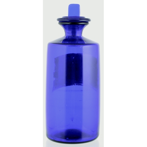 665 - PHARMACY SHOP ROUND. 9.75ins tall to top of freeblown stopper. Bright cobalt blue glass, cylindrical... 