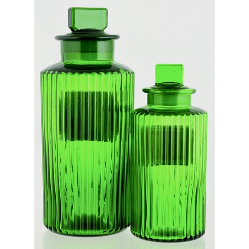 666 - PHARMACY SHOP ROUND DUO. Tallest 10ins to top of stopper. Green glass, cylindrical form with vertica... 