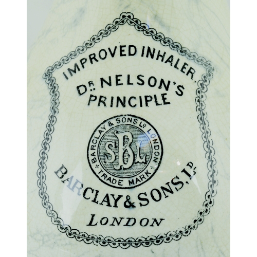 677 - DR NELSON’S IMPROVED INHALER. 8.25ins tall. Cork closure with single inhilation tube, off white glaz... 