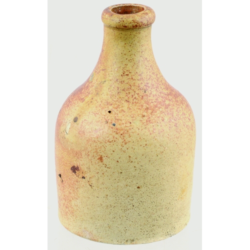 679 - SALT GLAZE APOTHECARY JAR. 3.75ins tall. Variating tan salt glaze, squat cylinder, rounded shoulders... 