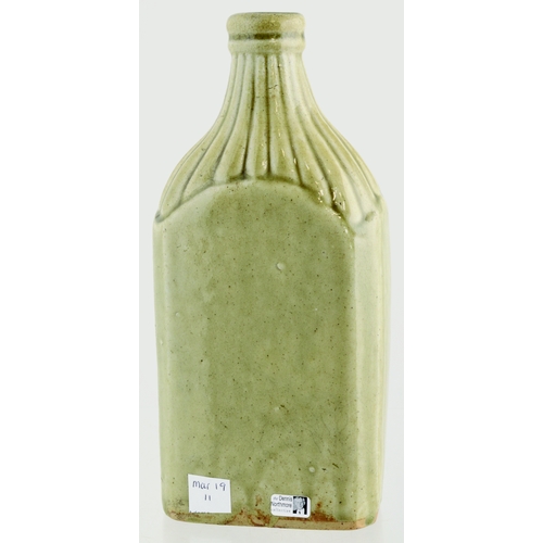 681 - WAINFLEET SLAB SEAL FLASK. 9ins tall. Grey/ green slip glaze flask, sloping ribbed shouldered, recta... 