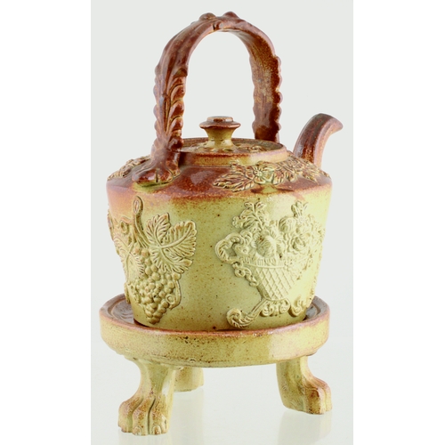 683 - BRAMPTON TEAPOT & STAND. Variating tan salt glaze teapot with various highly detailed sprigs: flower... 