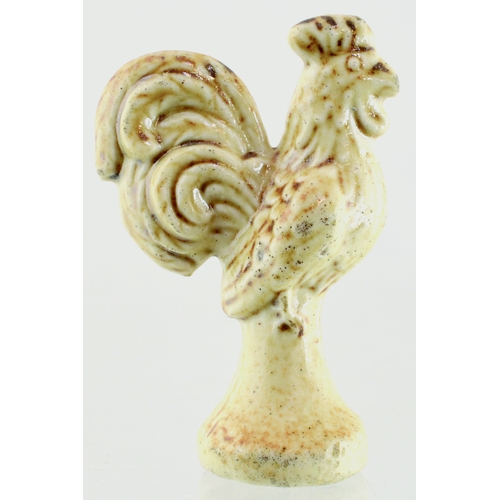 685 - BRAMPTON SALT GLAZE PIPE TAMPER. 1.5ins tall. Detailed cockerel shaped pipe tamper, c. 1820’s, light... 