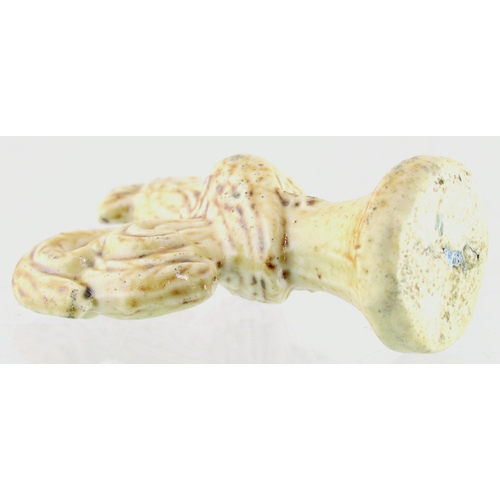 685 - BRAMPTON SALT GLAZE PIPE TAMPER. 1.5ins tall. Detailed cockerel shaped pipe tamper, c. 1820’s, light... 