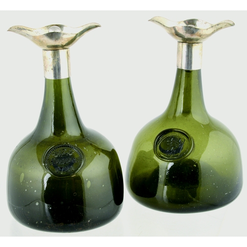 697 - SCOTTISH SEALED MALLET FORM DECANTERS DUO. 7.25ins tall to top of elaborate silver stoppers (marked)... 