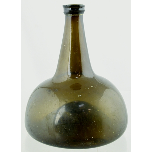 699 - CLASSIC DUTCH ONION WINE BOTTLE. 7.25ins tall. Dark olive/ amber glass, long slender tapering neck, ... 