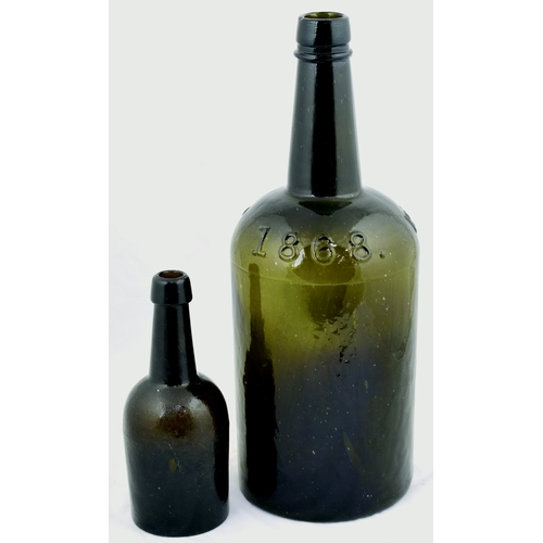 705 - PRICE BRISTOL TYPE BLACK GLASS BEERS. Tallest 14.5ins. 3 piece moulds, largest embossed W. MAXWELLS ... 