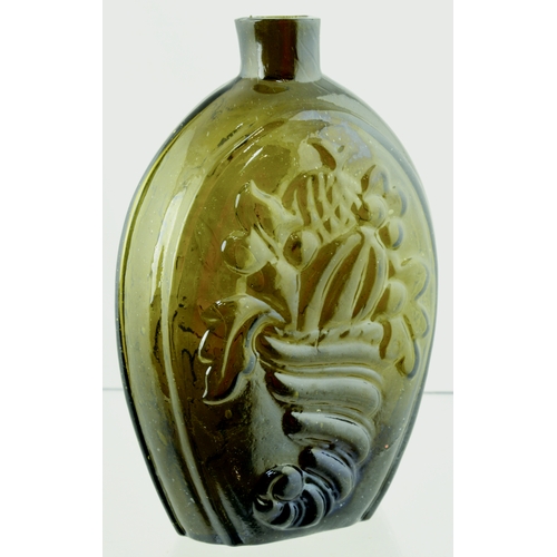 707 - CORNUCOPIA AMERICAN FLASK. (GIII-12) 6.5ins tall. Decorated with fruit filled cornucopia one side & ... 