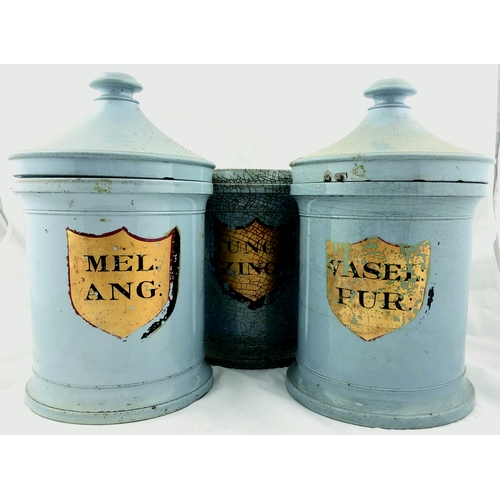 243 - CHEMIST JAR TRIO. Tallest 11ins, blue with shield shaped label to front, two lidded, VASEL/ PUR, UNG... 