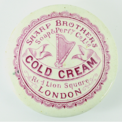 646 - LONDON COLD CREAM POT LID. (APL p 389, 36) 2.75ins diam. Red print with harp pict. t.m. centre & SHA... 