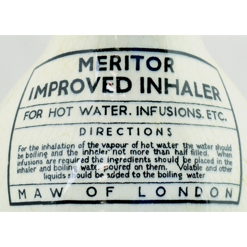 41 - MERITOR IMPROVED INHALER. 9.5ins tall, white ceramic body, round belly, black transfer MERITOR/ IMPR... 