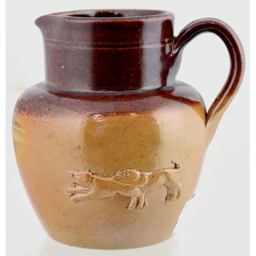 45 - EARLY WALKER’S DAIRY SALT GLAZE JUG. 3ins tall, t.t, with pouring lip & rear handle, dog sprigs arou... 