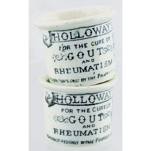 47 - HOLLOWAY’S OINTMENT POT DUO. 1.5ins tall, all white, black transfer HOLLOWAY’S/ FOR THE CURE OF/ GOU... 