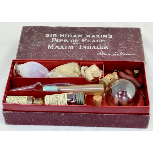 5 - SIR HIRAM MAXIMS PIPE OF PEACE & INHALER. 10ins. An original boxed contraption with contents. Minor ... 