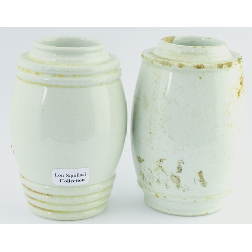 67 - ANCHOVY PASTE DUO. Tallest 4ins, white glaze, black transfer, barrel shaped, one with rings to top &... 