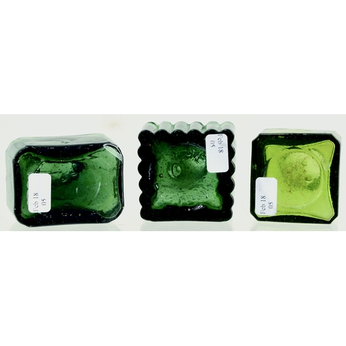 8 - INKS TRIO. 2.25ins, various shades of green glass. One rectangular, two square, one ribbed body (rea... 