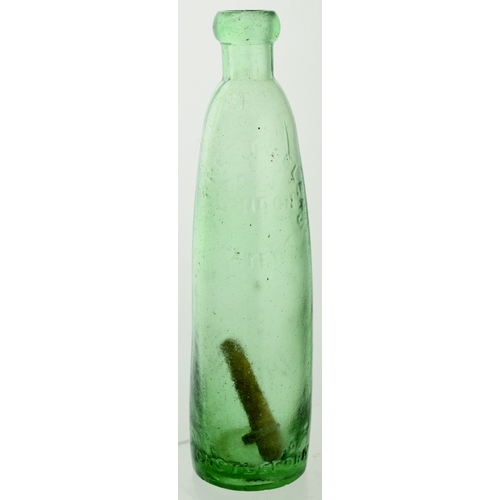 83 - LONDON BARRETT & ELERS PATENT. 9ins tall, aqua glass, stick stopper, embossed with t.m. to front CAS... 