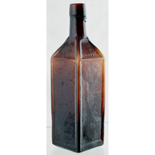 107 - Dr SOULES HOP BITTERS1872. 9.5ins tall, dark red brown glass (hint of puce?). Square section bottle ... 