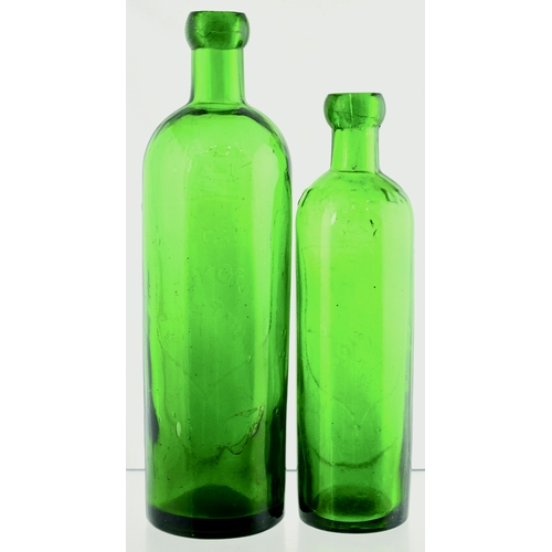 108 - HARROGATE PUMP ROOM BOTTLE DUO. Tallest 10ins. Pair of vivid green circular straight sided bottles w... 