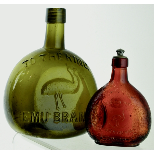 113 - EMU BRAND CHESTNUT SHAPED WINE DUO. Largest 8ins tall in a mid olive glass, smaller red amber glass.... 