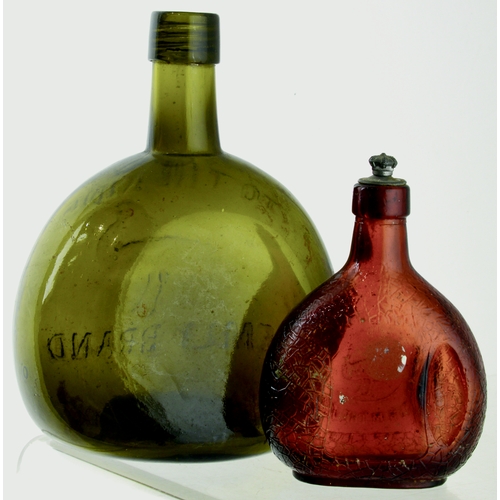 113 - EMU BRAND CHESTNUT SHAPED WINE DUO. Largest 8ins tall in a mid olive glass, smaller red amber glass.... 