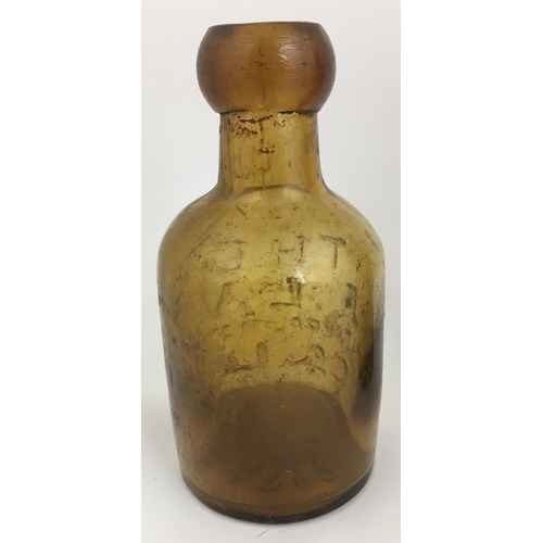 124 - SELTZER ‘A.L.V.’ . 5ins tall. Amber glass, chunky blob lip. Heavily embossed to front ‘THE/ A.L.V/ M... 