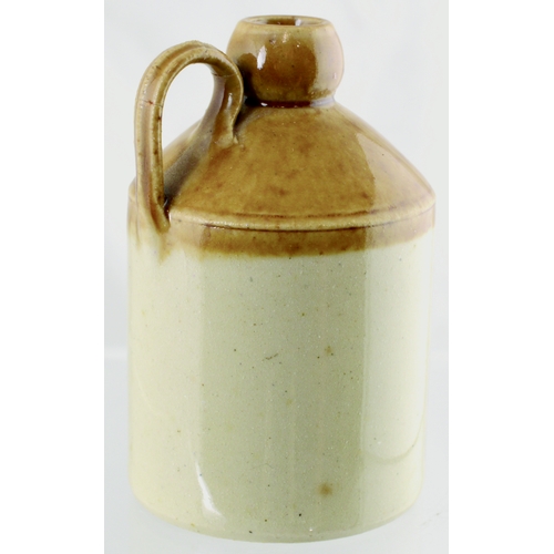 139 - MINIATURE STIFF & SONS FLAGON. 2.75ins tall. Tan top, lower off white glaze, rear handle, black tran... 