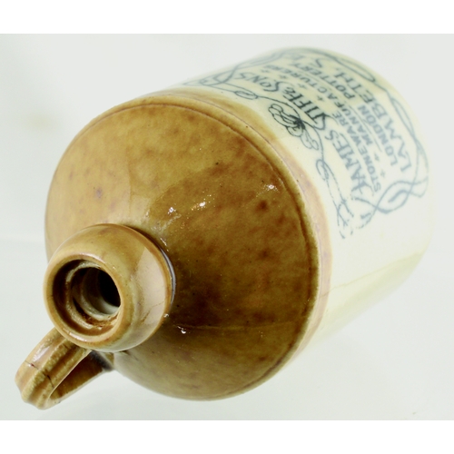 139 - MINIATURE STIFF & SONS FLAGON. 2.75ins tall. Tan top, lower off white glaze, rear handle, black tran... 