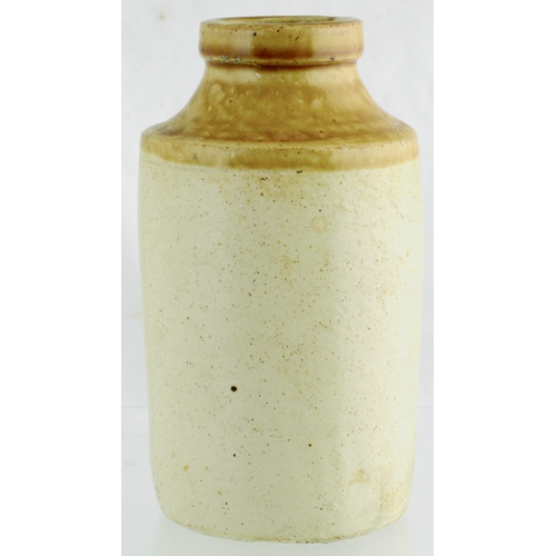 141 - GLASGOW STONEWARE PICKLE JAR. 6.5ins tall. Cylindrical jar, tan top, lower off white glaze imporesse... 