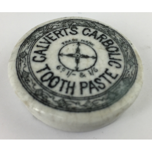 149 - MINIATURE CALVERTS CARBOLIC TOOTH PASTE POT LID. 1.25ins diam. Black transfer for CALVERTS CARBOLIC/... 