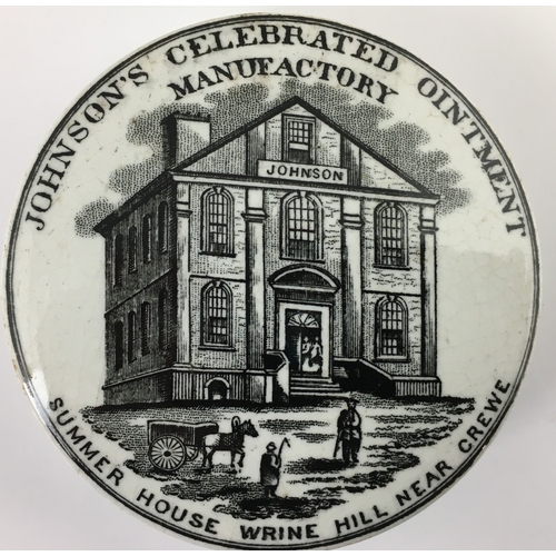 150 - CREWE JOHNSON’S CELEBRATED OINTMENT POT LID. 2.75ins diam. Strong, crisp black transfer for JOHNSON’... 