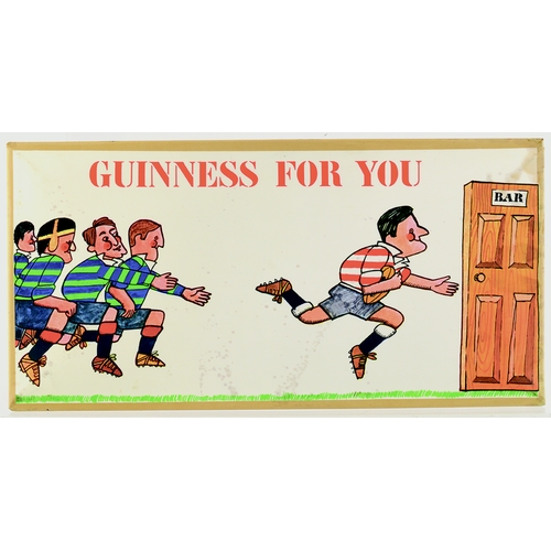 10 - GUINNESS LAMINATED TIN ON CARD ADVERT. 12 by 6ins. Multicoloured rugby scene image GUINNESS FOR YOU ... 