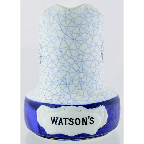 11 - WATSON’S WHISKY WATER JUG. 6.75ins tall. Decorated blue & white design, with solid blue band below, ... 