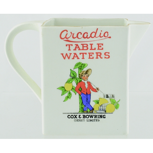 12 - ARCADIA FRUIT CRUSHES WATER JUG. 4.5ins tall. White glaze with multicoloured images either side of y... 