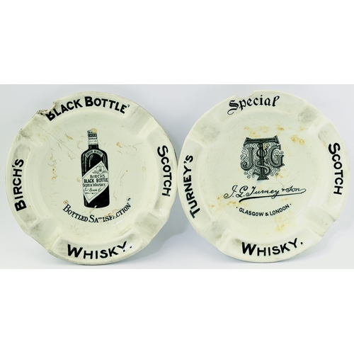 13 - WHISKY ASHTRAYS DUO. 5.5ins diam. Pair of rare whisky advertising ashtrays Turneys Special Scotch & ... 