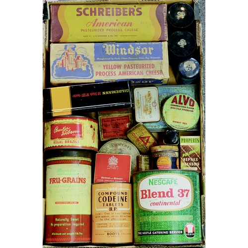 17 - TRAY OF TINS/ PACKAGING. Various sizes, brands of tins & boxes inc. Windsor American Cheese, Nescafe... 