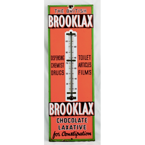 18 - BROOKLAX LAXATIVE THEMOMETER. 22.5 by 7.5ins. Enamel advertising thermometer for THE BRITISH/ BROOKL... 