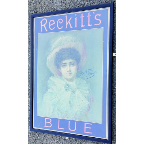 5 - RECKITTS BLUE FRAMED SHOWCARD. 29 by 19.5ins. Multicoloured showcard of bonnetted young lady RECKITT... 