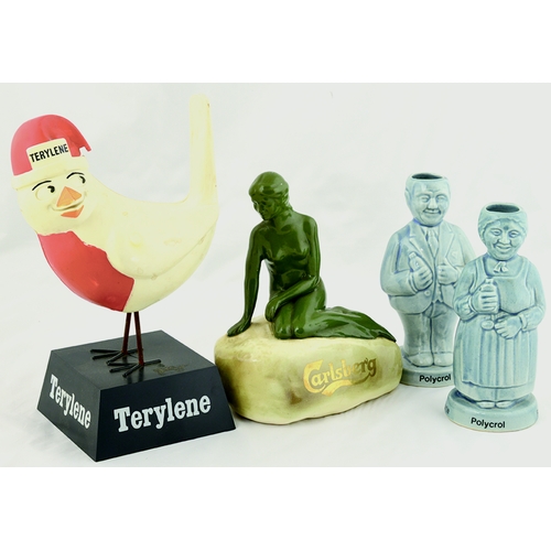 6 - ADVERTISING FIGURES GROUP. Tallest 9ins. Inc. plastic Terylene robin red breast, ceramic Carlsberg m... 