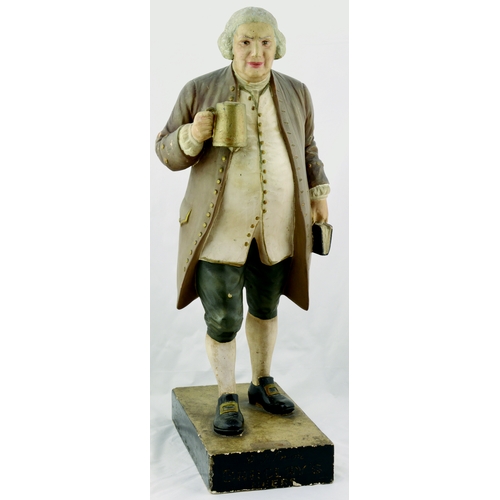 41 - BARCLAYS BEERS BACK BAR FIGURE. 24ins tall. Plaster figure of Dr Johnson stood with tankard of beer ... 