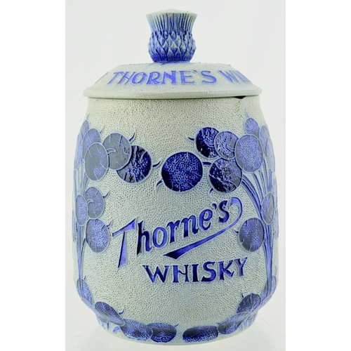 46 - THORNES WHISKY JAR. 8ins tall. Stoneware lidded jar with blue & grey tube like detailing. THORNE’S W... 